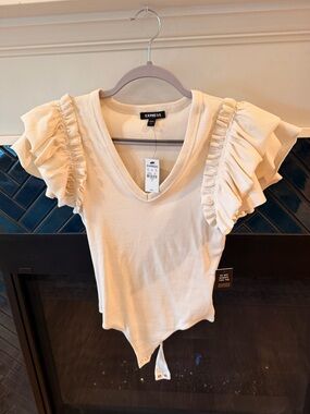 Express Cream Ruffle-Sleeve V-Neck Bodysuit